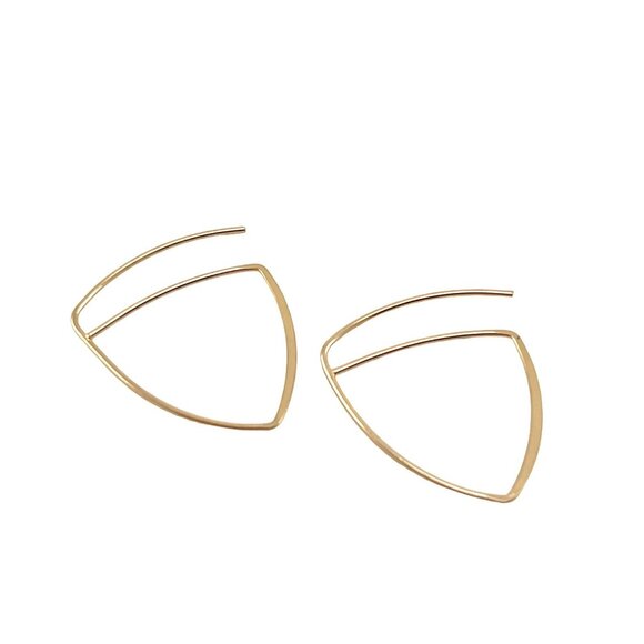 Gold Open Hoops Triangle Shape, Minimalist Earrings, Arch Earrings, Thin Hammere - Picture 6 of 8